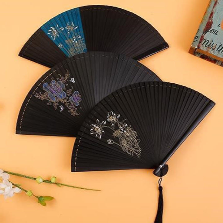 Abanico plegable de bambú de mano con Buddha Stones, flor de hibisco, flor de ciruelo