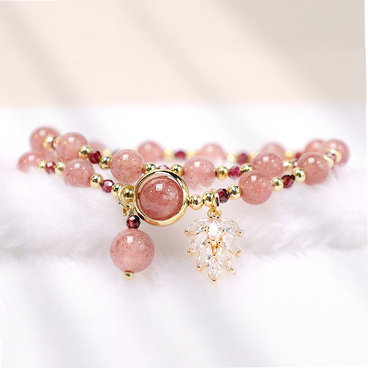 Pulsera de doble envoltura con dije de hoja de arce curativo de amor de cuarzo fresa natural