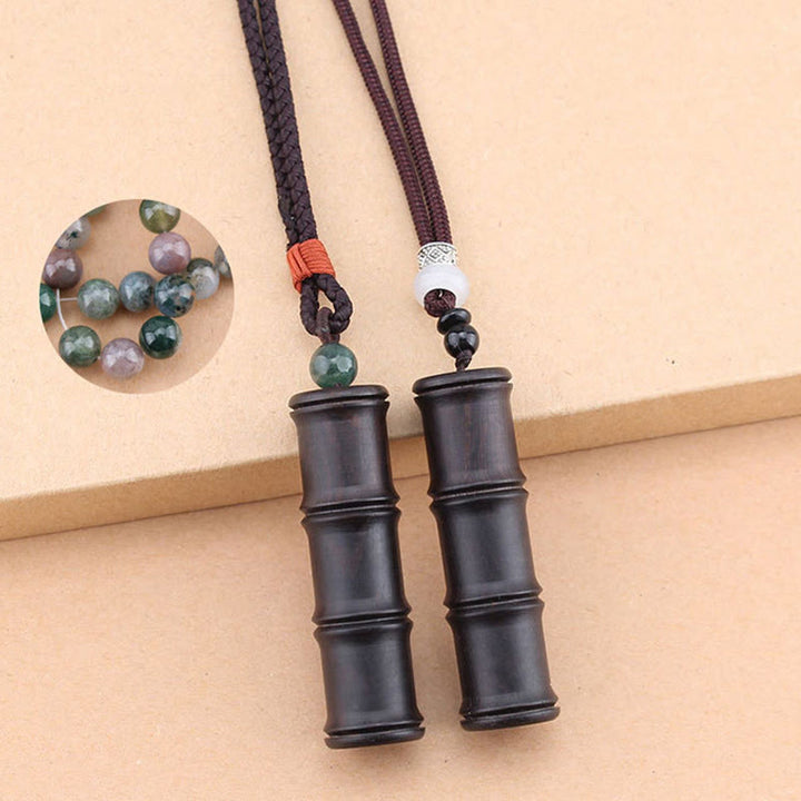 Buddha Stones madera de ébano patrón de bambú Ghau caja de oración collar de paz colgante