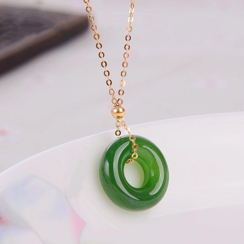 Colgante de collar de oro de 14 quilates curativo de jade cian redondo