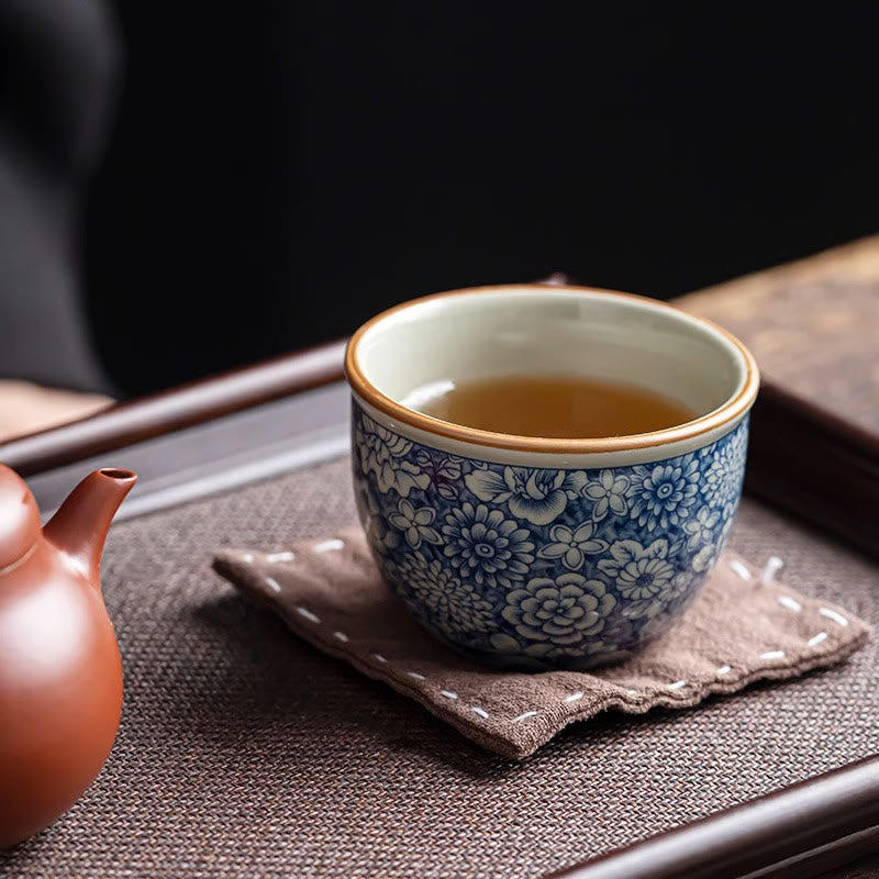 Tazas de té de cerámica con diseño de crisantemo, loto azul, flor de melocotón, Buddha Stones, tazas de té de Kung Fu