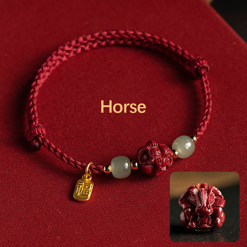 Pulsera de cuerda de la suerte con carácter de Jade Hetian del zodíaco chino cinabrio Natural de Buddha Stones