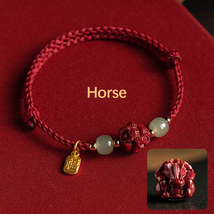 Pulsera de cuerda de la suerte con carácter de Jade Hetian del zodíaco chino cinabrio Natural de Buddha Stones
