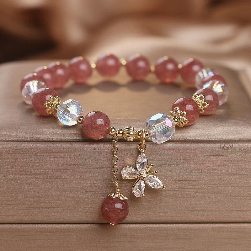 Pulsera con dije de mariposa curativa de amor de cuarzo fresa natural con Buddha Stones - Cuarzo fresa (Amor♥Sanación) Circunferencia de la muñeca: 14-16 cm - image 0