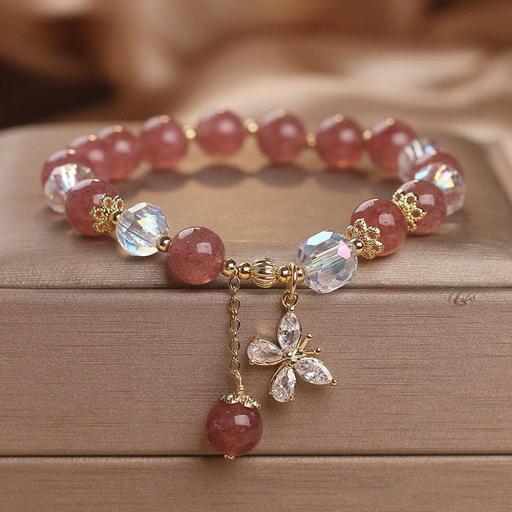 Pulsera con dije de mariposa curativa de amor de cuarzo fresa natural con Buddha Stones - Cuarzo fresa (Amor♥Sanación) Circunferencia de la muñeca: 14-16 cm - image 0