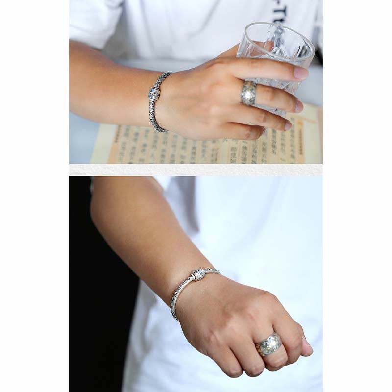 Pulsera de creatividad grabada con Buddha Stones de plata de ley 990, nubes auspiciosas tibetanas, Om Mani Padme Hum
