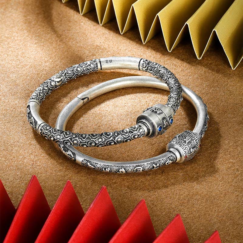 Pulsera de creatividad grabada con Buddha Stones de plata de ley 990, nubes auspiciosas tibetanas, Om Mani Padme Hum - image 13