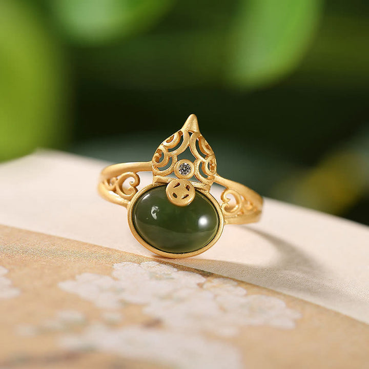 Anillo ajustable de la suerte del éxito de la moneda de cobre del jade cian de la calabaza de las Buddha Stones