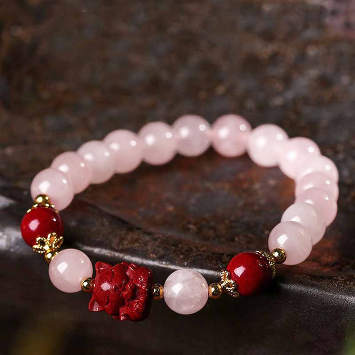 Pulsera de amor de zorro de nueve colas de cinabrio de cristal rosa natural con Buddha Stones
