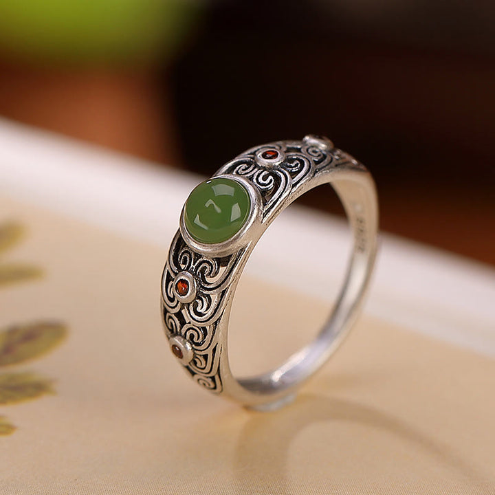 Anillo ajustable de armonía de jade cian hetiano de plata de ley 925 con Buddha Stones