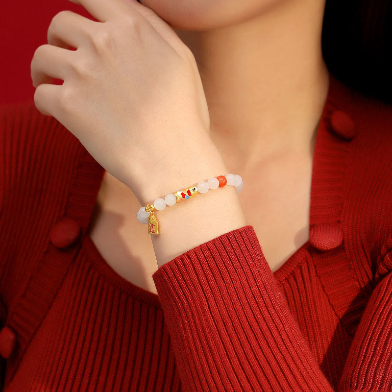Pulsera de plata de ley 925 con Buddha Stones , jade blanco hetiano, ágata roja, pez Koi, suerte y felicidad