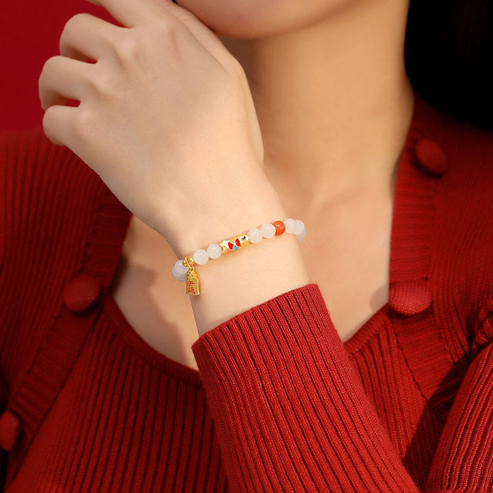 Pulsera de plata de ley 925 con Buddha Stones , jade blanco hetiano, ágata roja, pez Koi, suerte y felicidad