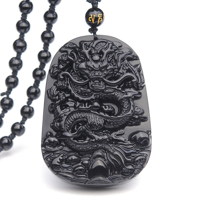 Collar con colgante de cumplimiento de dragón de piedra de obsidiana negra de Buddha Stones - Obsidiana - image 1