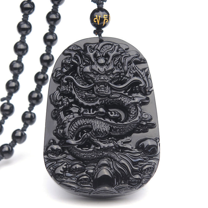 Collar con colgante de cumplimiento de dragón de piedra de obsidiana negra de Buddha Stones - Obsidiana - image 1