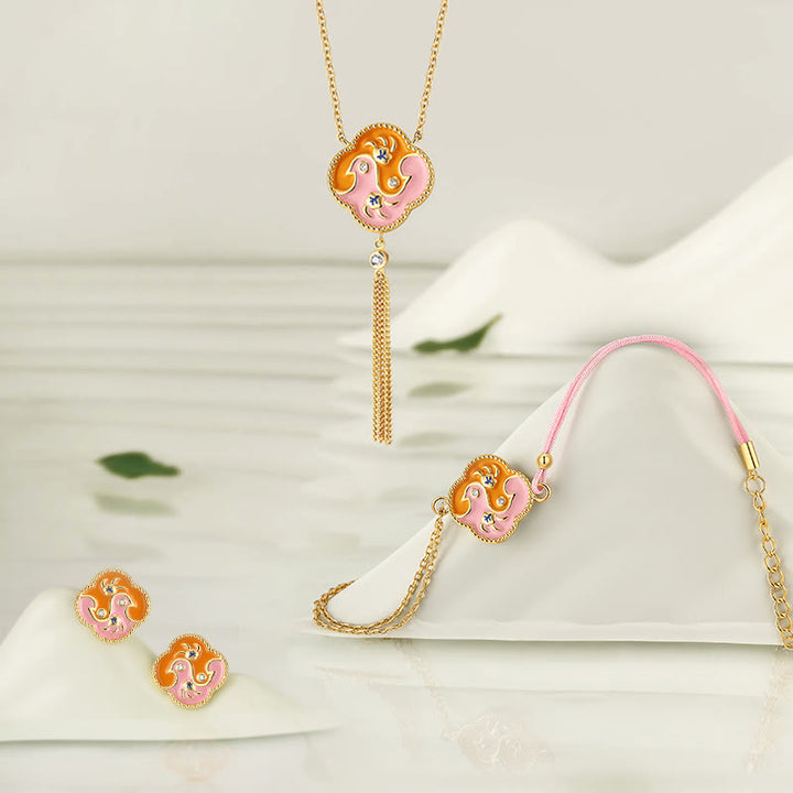 Juego de pendientes y pulsera con colgante de collar curativo con dos pájaros de cobre chapado en oro de 18 quilates con Buddha Stones