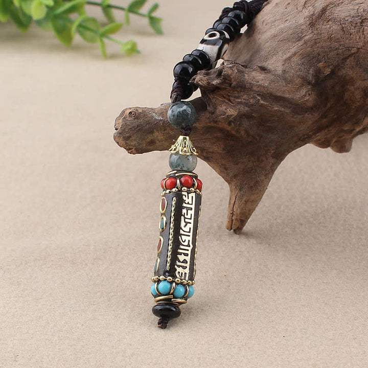 Buddha Stones tibetano Om Mani Padme Hum Dzi cuentas wengué collar de madera colgante - image 8