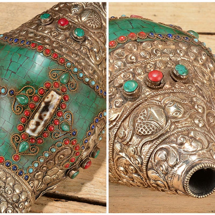 Tibetano hecho a mano grabado Shankha doble Dorje Buda Concha riqueza decoración positiva