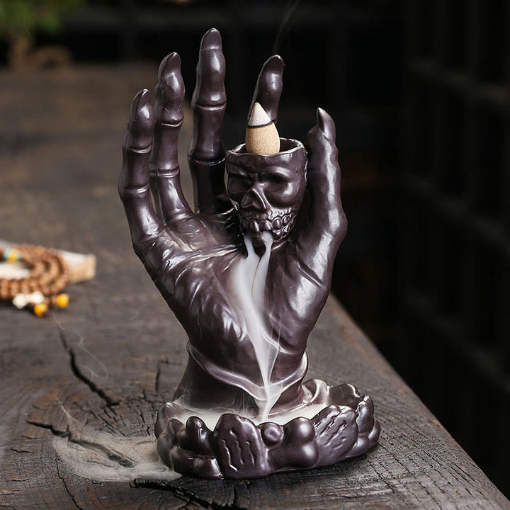 Quemador de incienso curativo de cerámica con cabeza de calavera y mano fantasma de Halloween , Buddha Stones, decoración