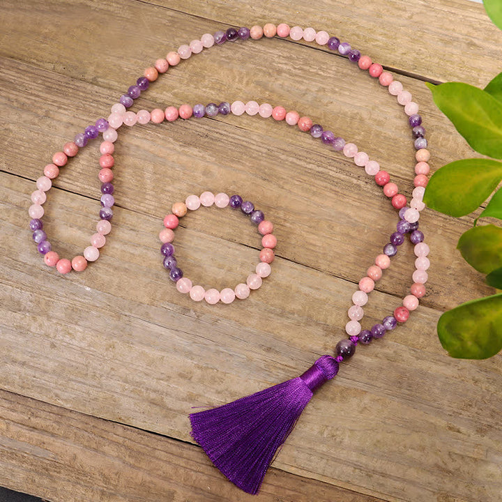 Pulsera de borlas curativas espirituales con Buddha Stones, 108 cuentas Mala, amatista, cuarzo rosa