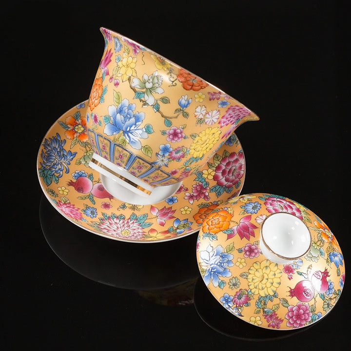 Taza de té y platillo con tapa, Gaiwan Sancai de cerámica, flores de peonía, Buddha Stones , Kung Fu