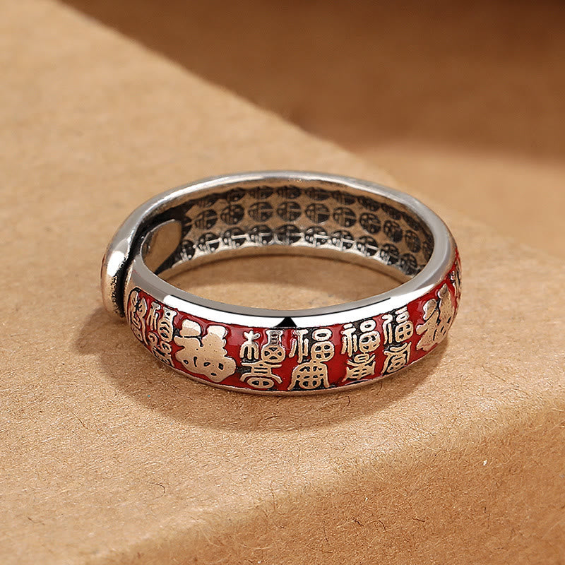 Anillo ajustable de cobre con diseño de personajes de Buddha Stones Fu Fortune Luck