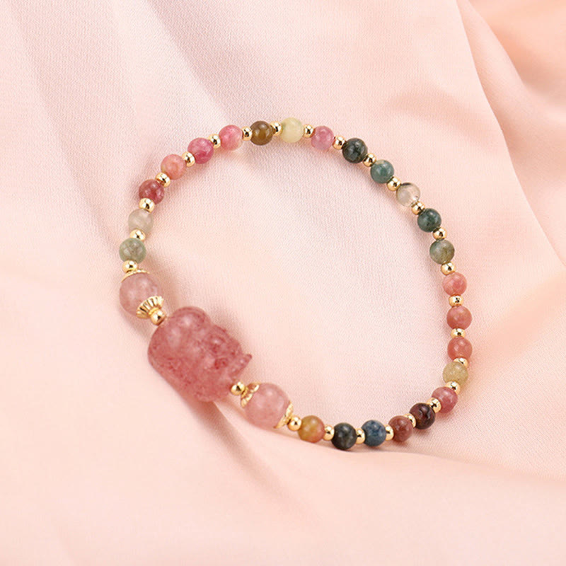 Pulsera de protección de piedra lunar PiXiu de cuarzo fresa granate turmalina natural de Buddha Stones