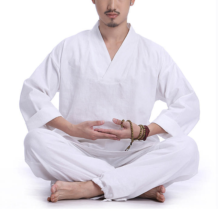 Conjunto de ropa de yoga para hombre con cuello en V, diseño de algodón y lino con Buddha Stones para meditación y oración - Blanco - US/UK/AU44，EU54 (3XL) - image 14