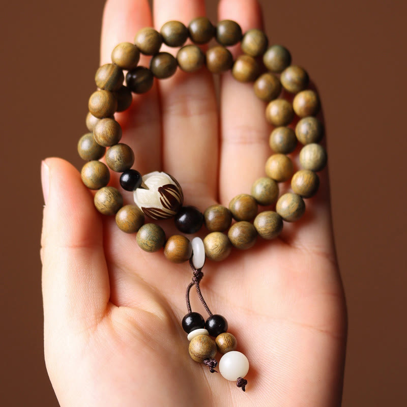 Pulsera de doble vuelta relajante con Buddha Stones, sándalo verde, semilla de Bodhi, loto