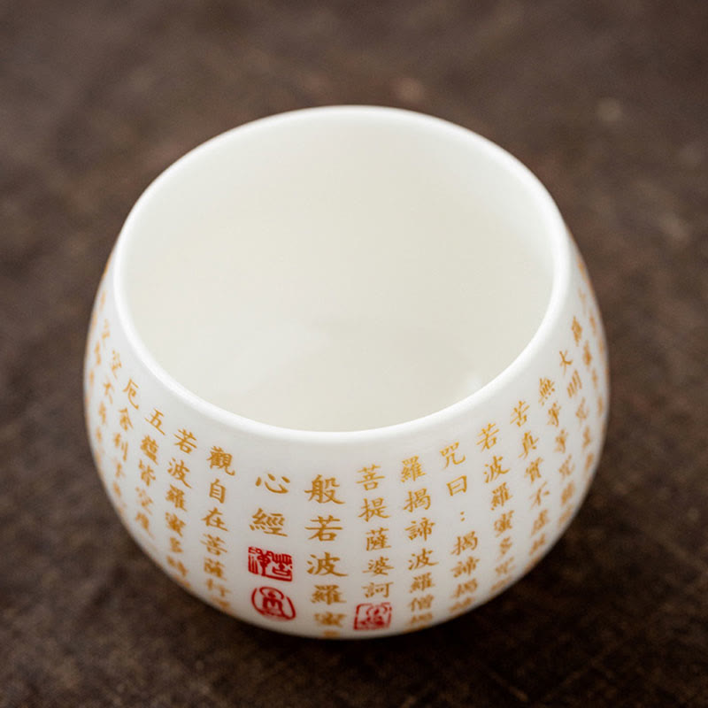 Taza de té y platillo con tapa, taza de té de cerámica Gaiwan, Sutra de corazón budista con Buddha Stones, pequeño personaje Fu