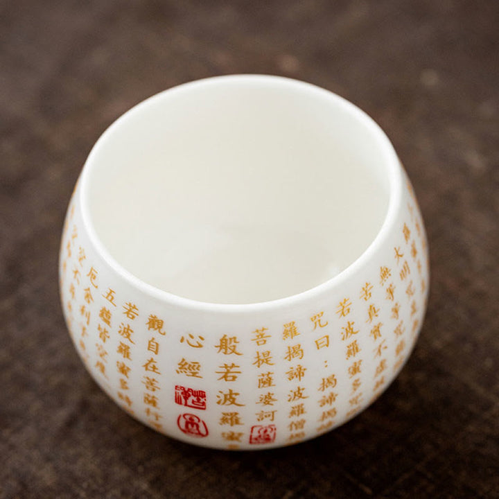 Taza de té y platillo con tapa, taza de té de cerámica Gaiwan, Sutra de corazón budista con Buddha Stones, pequeño personaje Fu