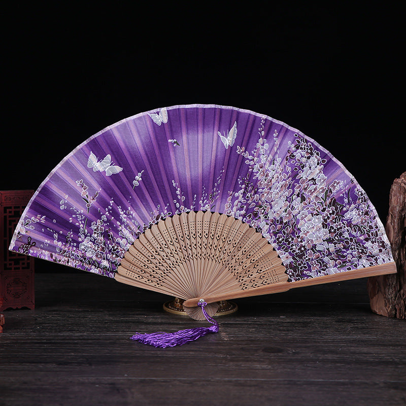 Abanico plegable de bambú con Buddha Stones, flor de cerezo, lirio, mariposa, bambú, 21cm