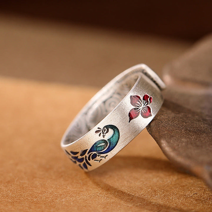 Anillo de plata de ley 999 con Buddha Stones , diseño de pavo real, nubes propicias, flor de loto grabada