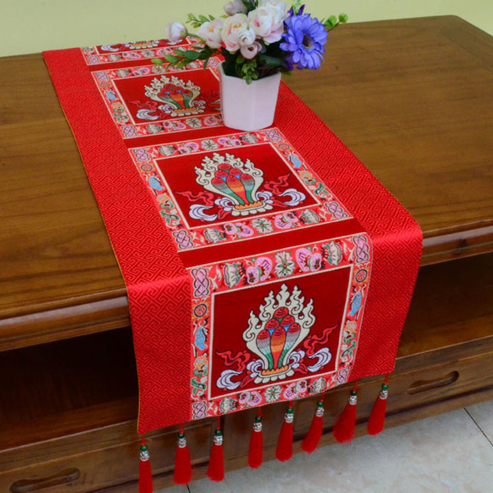 Tapete para altar de oración con Buddha Stones , Man-Bcu, Kalachakra, nudo sin fin, Vajra, símbolos propicios tibetanos, camino de mesa con borlas