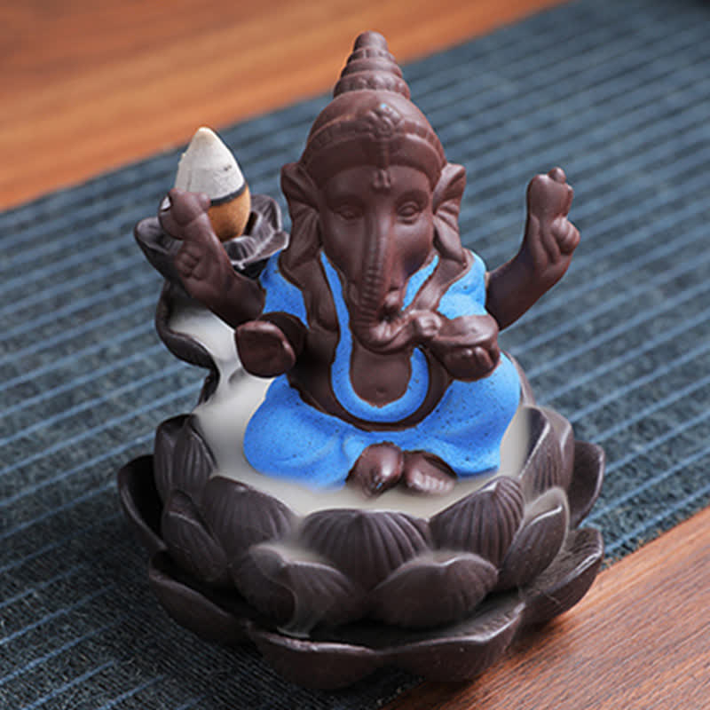 Quemador de incienso de protección de fuente de humo de reflujo de arcilla púrpura elefante Ganesh