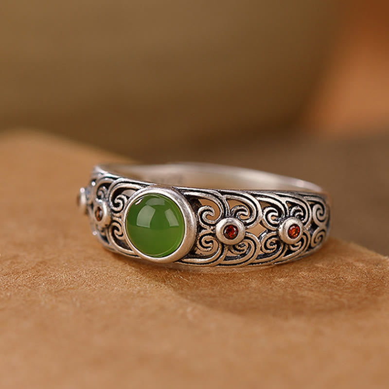 Anillo ajustable de armonía de jade cian hetiano de plata de ley 925 con Buddha Stones