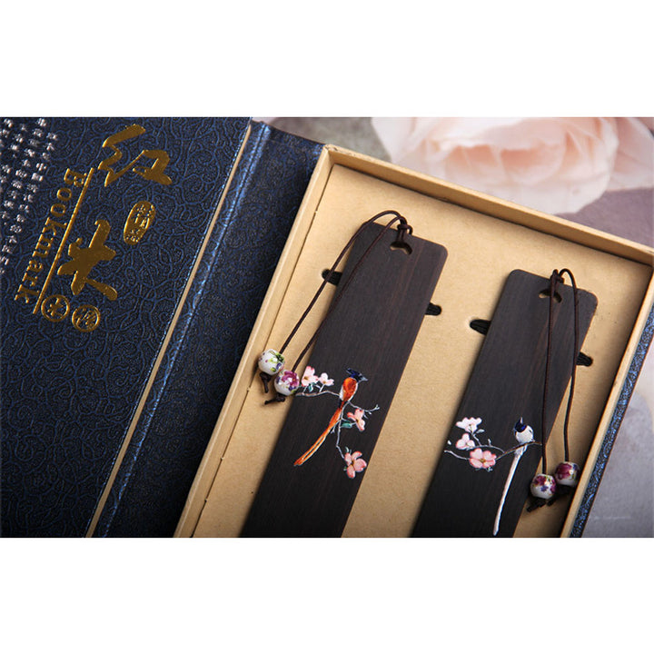 Marcapáginas de madera de ébano con diseño de flor de pájaro Oriole de Buddha Stones con caja de regalo