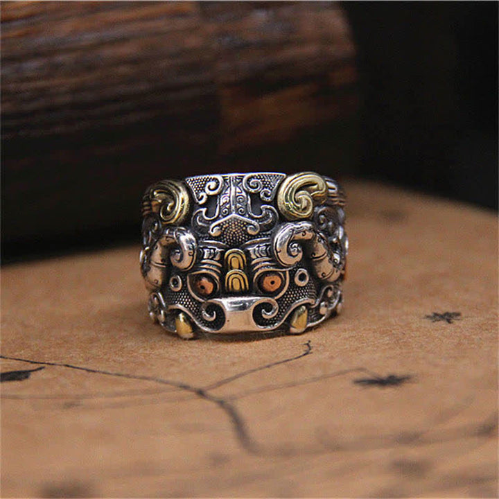 Anillo ajustable de protección de ganado Fengshui Kui de plata de ley 925