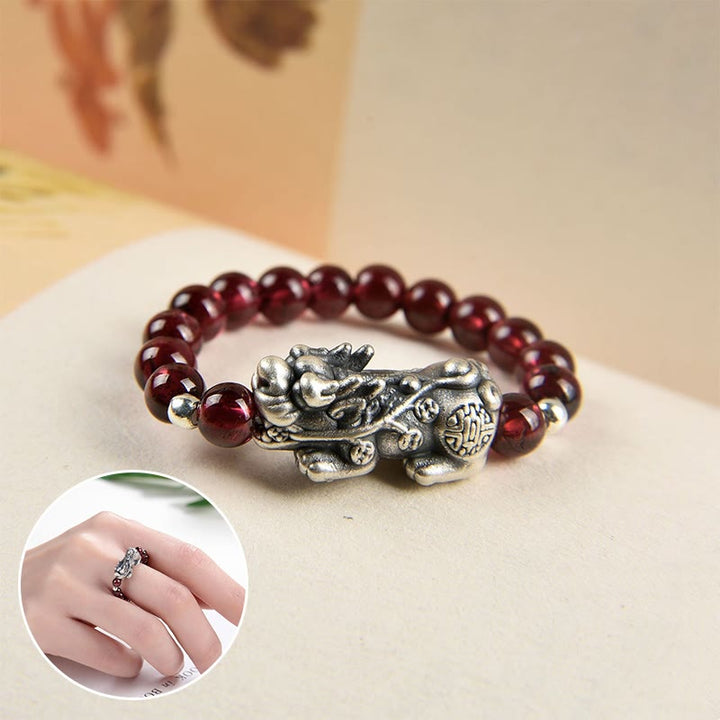 Buddha Stones Anillo de plata de ley 925 con piedra lunar granate natural, ágata roja, PiXiu