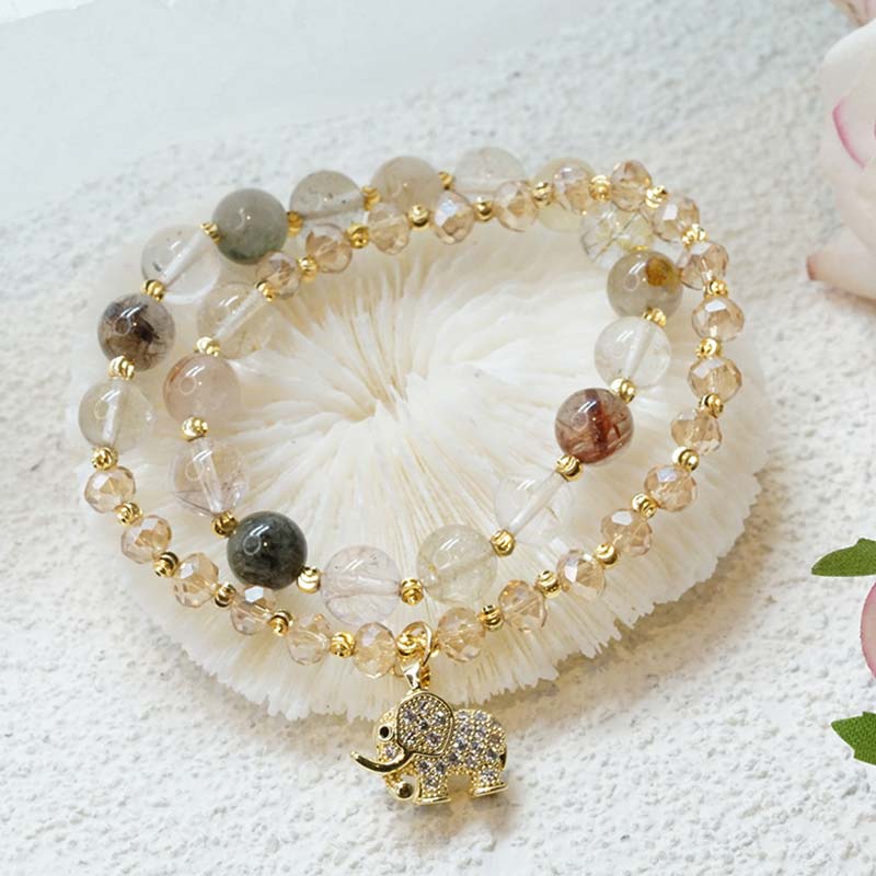 Pulsera con dijes de energía curativa de elefante de cuarzo rosa con Buddha Stones