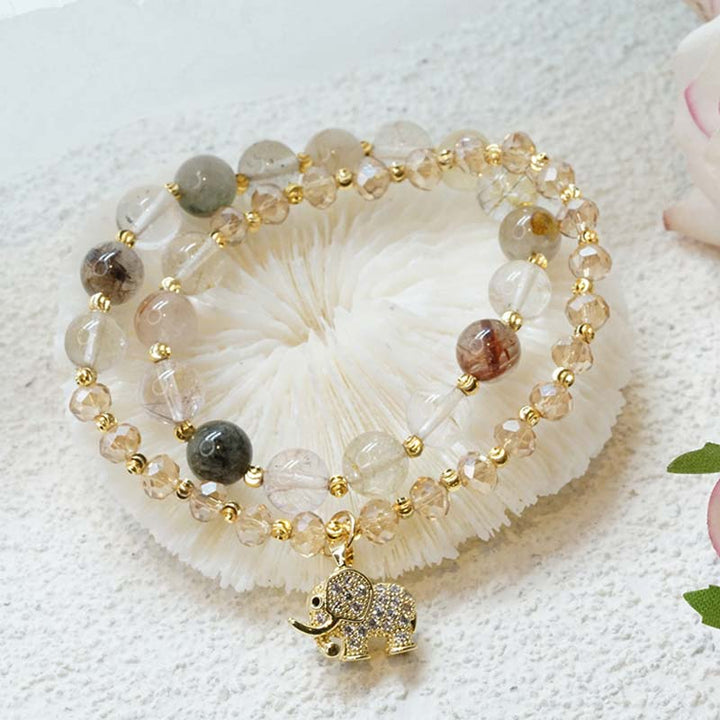 Pulsera con dijes de energía curativa de elefante de cuarzo rosa con Buddha Stones