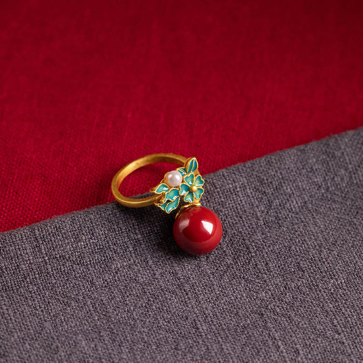 Juego de anillos y pendientes con colgante de flor de perla de cinabrio chapado en plata de ley 925 con Buddha Stones