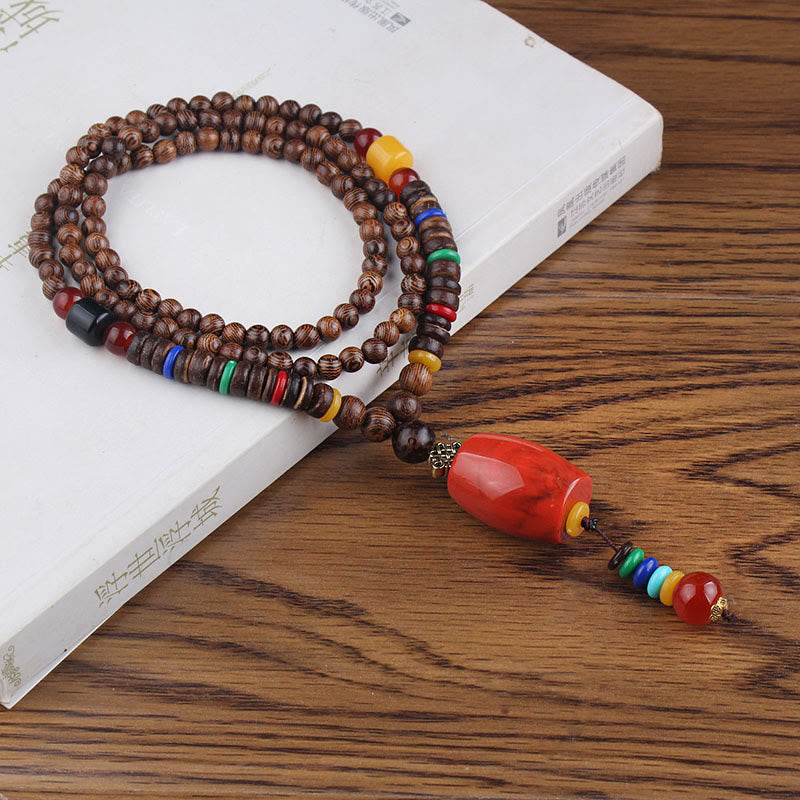 Buddha Stones, colgante de collar de paz de equilibrio de ágata de semilla Bodhi de madera de wengué tibetano