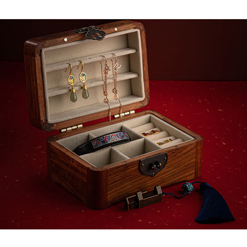 Caja de almacenamiento de joyería de palisandro con estampado floral hecha a mano retro, caja organizadora de regalo de madera con cerradura