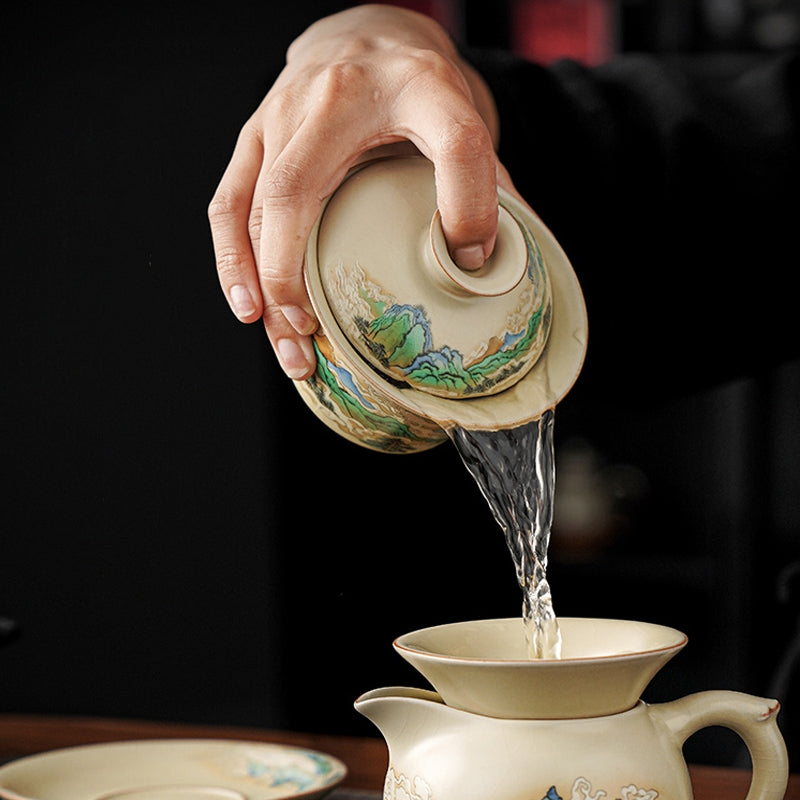 Buddha Stones, un panorama de ríos y montañas, flores, taza de té de cerámica Gaiwan Sancai, taza de té de Kung Fu y platillo con tapa