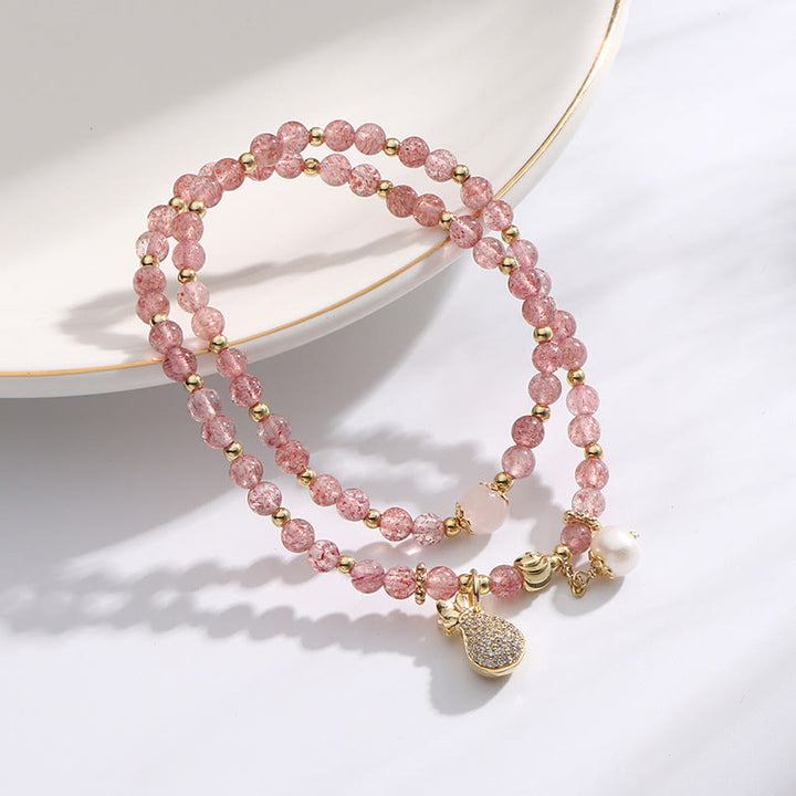 Pulsera de doble envoltura con dije positivo para bolsa de dinero de cuarzo fresa con Buddha Stones