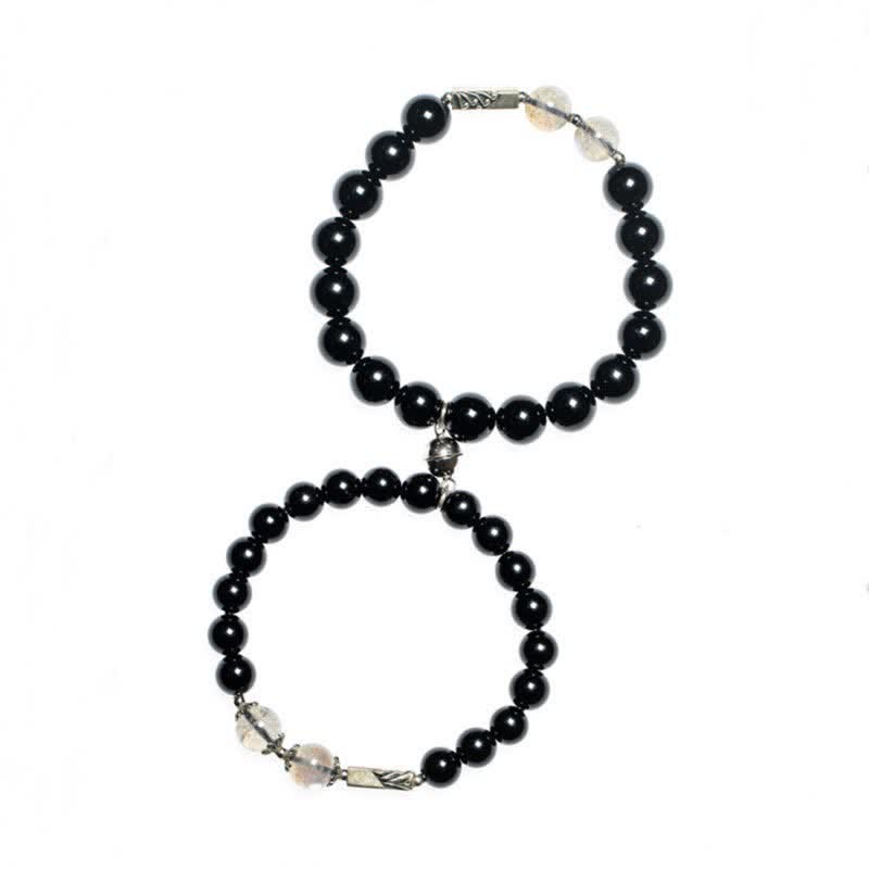 Pulsera de pareja de fuerza de piedra lunar de obsidiana de plata de ley 925