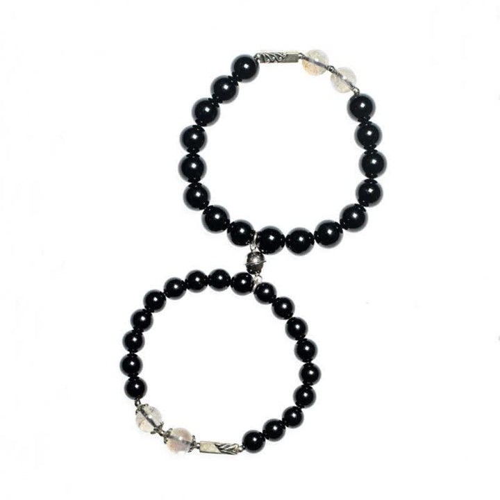 Pulsera de pareja de fuerza de piedra lunar de obsidiana de plata de ley 925