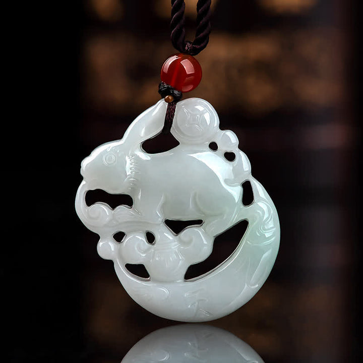 Año del Conejo Colgante de Collar de Protección de Luna Creciente de Jade Blanco