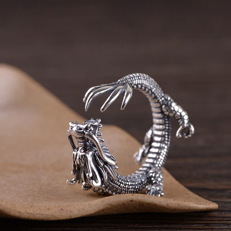Anillo de protección de la suerte del dragón de plata de ley 925