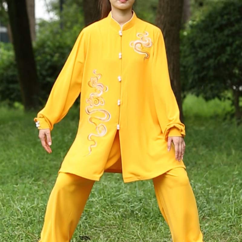 Conjunto de ropa unisex para práctica de meditación, tai chi, qigong, bordada, con nubes auspiciosas y Buddha Stones